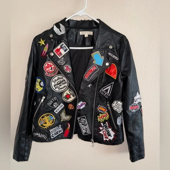Black Faux Leather Hot & Delicious Jacket w/ Lots of Patches size Small - Picture 2 of 8